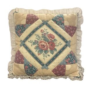 Vintage Cottage Core Lace Ruffled Floral Throw Pillow 13" Square Patchwork Read